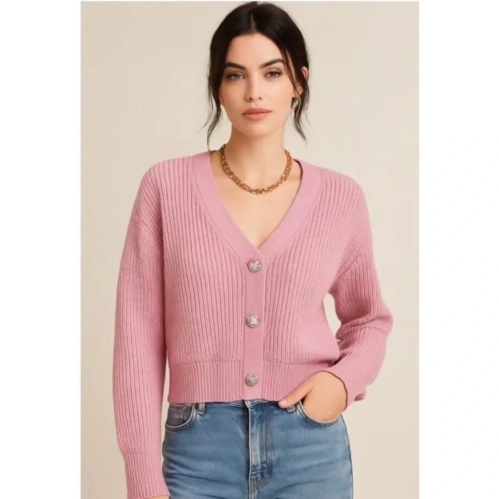 Cinq a Sept Pink Palmer V-Neck Wool Cardigan Sweater Crystal Buttons Size Large